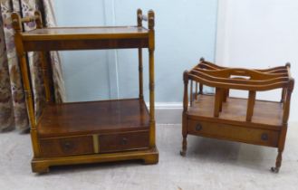 A modern yewwood finished, two tier stand with a box drawer base  30"h  23"w; and a contemporary