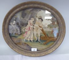 A 19thC woven and part painted silk picture, depicting an allegorical scene in a woodland setting