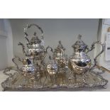 A vintage 19thC style B & Co silver plate on copper five piece tea/coffee set of bulbous form with