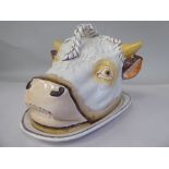 A Staffordshire pottery 'cows head' cheese dish and cover  9"h