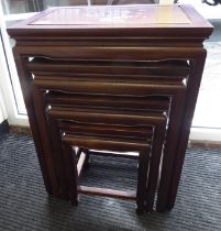 A 20thC Oriental quartetto of mahogany and inlaid mother-of-pearl tables, raised on moulded,
