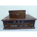 A late 19thC mahogany two drawer sewing box  7"h  22"w; another similar  5"h  12"w each with