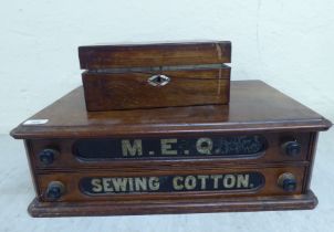A late 19thC mahogany two drawer sewing box  7"h  22"w; another similar  5"h  12"w each with