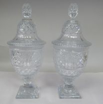 A pair of hobnail cut and slice decorated, pedestal vase design glass sweet jars with domed covers
