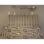 Sterling silver flatware, on decoratively cast floral and scrolled handles, comprising a pair of