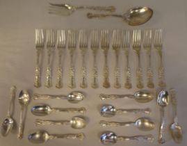 Sterling silver flatware, on decoratively cast floral and scrolled handles, comprising a pair of