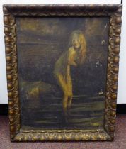 Late 19thC School - a study of a girl with long hair, posing in a shallow pool  oil on board  18"