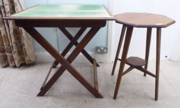 An early 20thC light oak octagonal side table, raised on square, tapered legs  27"h  18"dia; and a