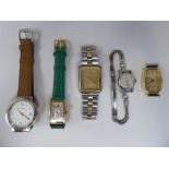 Four variously strapped wristwatches, viz. a 1950s ladies IWC; a Bucherer; a Hamilton; Omega