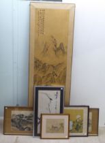 Variously framed, 20thC Chinese mixed media pictures, viz. a mountainous landscape  18" x 70";