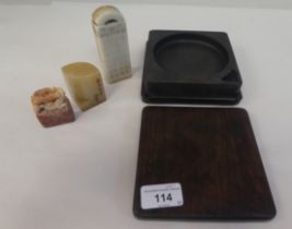 Chinese artefacts, comprising an inkstone, in a hardwood stand with a cover  5"sq; and three