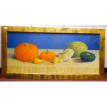 Stephen Fuller - a still life study, gourds on a shelf  oil on board  bears initials & inscribed