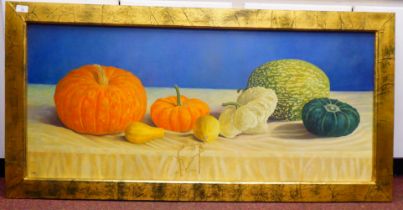 Stephen Fuller - a still life study, gourds on a shelf  oil on board  bears initials & inscribed