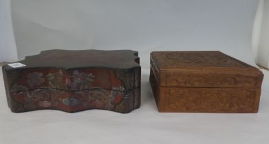 A Chinese lacquered and painted papier mache serpentine outlined box and cover, featuring dragons