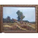 Early 20thC British School - a cottage at the foot of a wood  oil on board  14" x 19"  framed