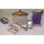 Silver and silver plate: to include an early glass biscuit box with a silver plated, hinged lid  5"h