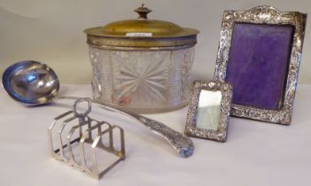 Silver and silver plate: to include an early glass biscuit box with a silver plated, hinged lid  5"h