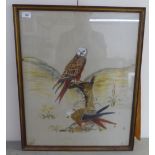 Two eagles perched over a kill   mixed media bears an indistinct signature  25" x 20"  framed