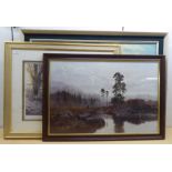 Three framed prints: to include after Coulson - a riverscape with snowy mountains beyond  14" x 20"