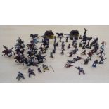 Painted metal cowboy and Indian themed figures, horses and two stagecoaches