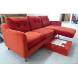 A modern three person settee, upholstered in rich red fabric, raised on pegged feet  82"w  32"deep