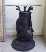A novelty composition bronzed effect coffee table, fashioned as a bag of golf clubs with a glass top