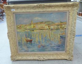 A Continental harbour scene  oil on canvas  20" x 23"  framed