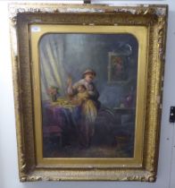19thC British School - an interior scene with a woman and child playing with a sewing box  oil on