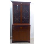 An Edwardian style satinwood, string inlaid, crossbanded mahogany cabinet bookcase, the upper part