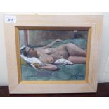 R Bond - a sleeping nude  oil on canvas  bears a signature & label verso  8" x 10"  framed
