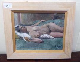 R Bond - a sleeping nude  oil on canvas  bears a signature & label verso  8" x 10"  framed