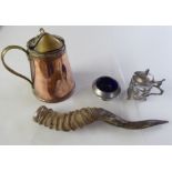 Collectables, viz. a WAS Benson copper and brass jug  6.5"h; a Liberty pewter salt cellar  2"h; an