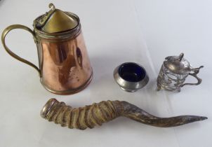 Collectables, viz. a WAS Benson copper and brass jug  6.5"h; a Liberty pewter salt cellar  2"h; an