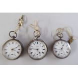 Three silver pocket watches, faced by Roman dials  mixed marks