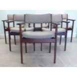 A set of six mid 20thC fruitwood framed dining chairs, each with a fabric upholstered back and seat,