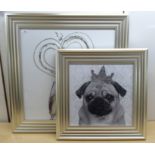 Two modern framed pictures, viz. a pug wearing a crown  15" x 15"; and 'Champagne Love'  22" x 22"