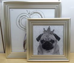 Two modern framed pictures, viz. a pug wearing a crown  15" x 15"; and 'Champagne Love'  22" x 22"