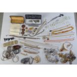 A mixed lot: to include pens, coins and costume jewellery