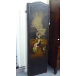 A late Victorian four-fold room screen, painted with figures in landscapes  71"h  84"w open