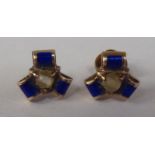 A pair of yellow metal blue enamel earrings