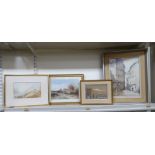 Four framed cityscapes and landscapes  watercolours  some bearing signatures  largest 10" x 14"