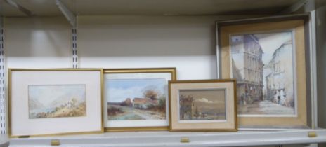 Four framed cityscapes and landscapes  watercolours  some bearing signatures  largest 10" x 14"