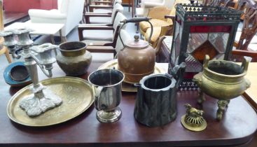 A mixed lot: to include mainly 20thC metalware: to include a lantern  12"h; and a Chinese bronze