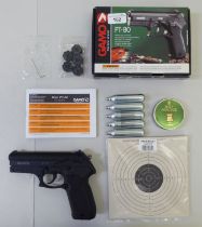 A Gamo PT-80 .177 calibre C02 pistol with instructions and accessories  boxed