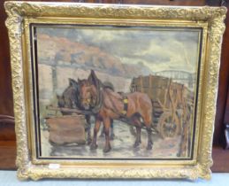 Early 20thC Eastern European School - a horse and cart  oil on canvas  bears an indistinct signature
