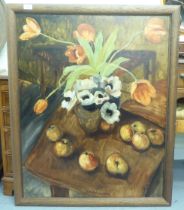 A still life study, flowers and fruit  oil on canvas  36" x 29"  framed