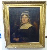 19thC British School - a portrait of a woman in a study, beside a parrot in a cage  oil on canvas