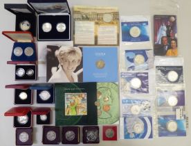 Uncollated silver proof and nickel plated coins, some cased: to include a 1990 5p two coin set