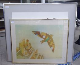 Birds in flight, over a structure  Limited Edition 475 coloured print  17" x 22"  framed; and