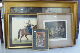 Pictures and prints: to include an Asian style figure, riding a horse, armed and armoured  12" x 16"